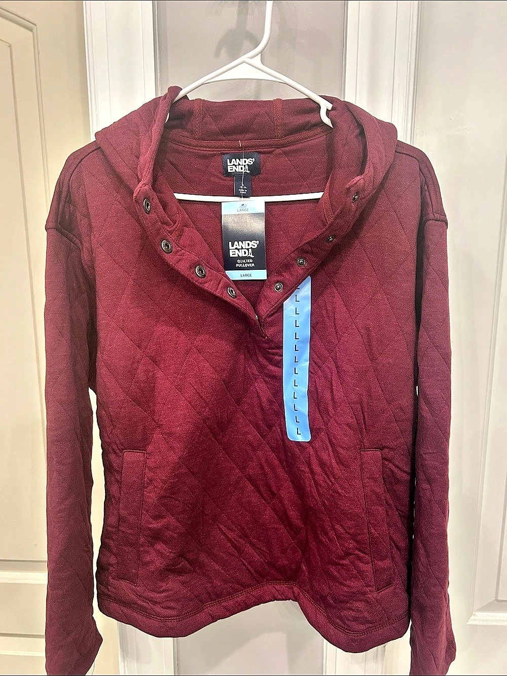 Lands' End Women's Quilted Pullover Hoodie Burgundy Large